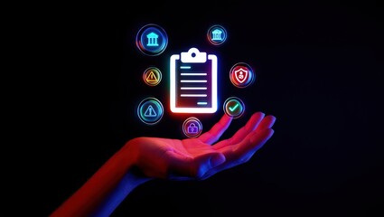Hand holding digital icons for risk management and assessment on a dark background, symbolizing business strategy and control