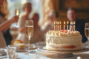 A birthday cake with candles on the table, people in the blurred background celebrating and toasting with champagne glasses, a festive atmosphere, a close-up shot Generative AI