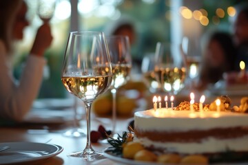 a birthday cake with candles on the table, and people celebrating in the background, holding wine glasses Web banner with copy space Generative AI