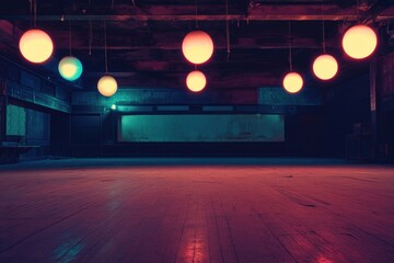 Empty, dimly lit dance hall with hanging globe lights, showcasing aged wooden floors and faded walls.