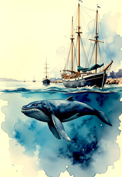 blue whale and sailing ship