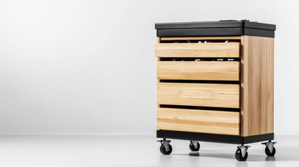 Sleek metallic rolling tool storage displaying polished chrome sockets, gleaming under soft lighting with organized compartments