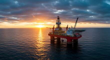  oil rig during sunset over calm ocean water  