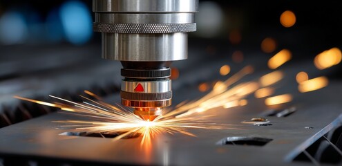 Modern industrial technology utilizes a blue color laser for CNC cutting of metal, accompanied by a light spark