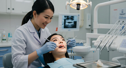 Naklejka premium Dentist performing dental checkup with patient in clinic woman of Japanese Chinese nationality 歯科医院で患者を診察する女性医師