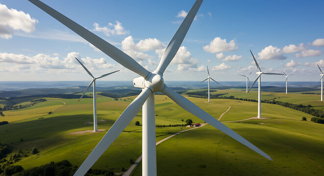 Wind turbines generating renewable energy in a green landscape