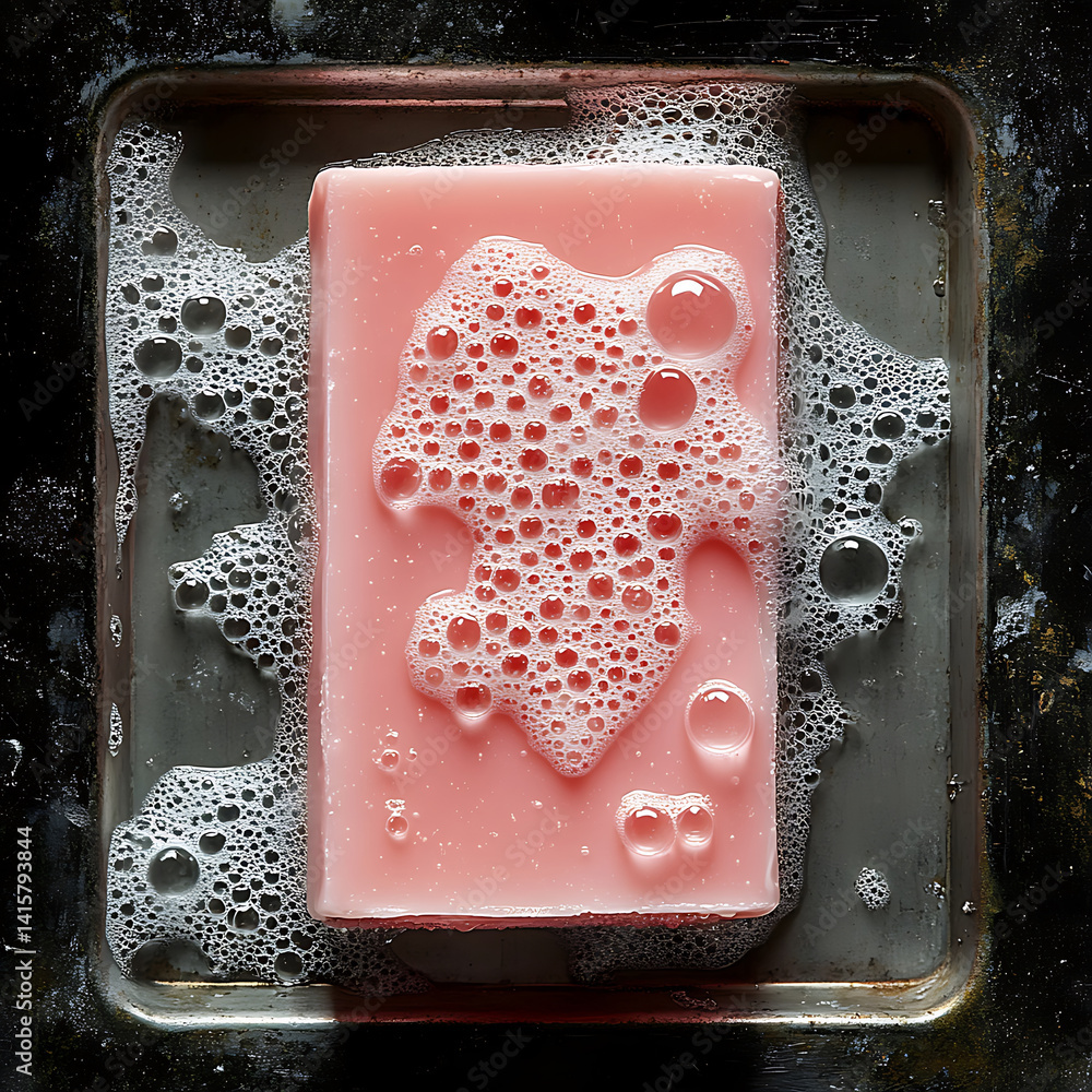 Poster pink bar of soap is placed on dark tray, surrounded by bubbles and foam, creating clean and refreshi