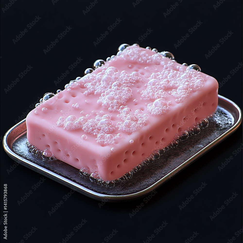 Poster realistic image of pink bar of soap with bubbles on its surface, resting on silver tray. soap appear