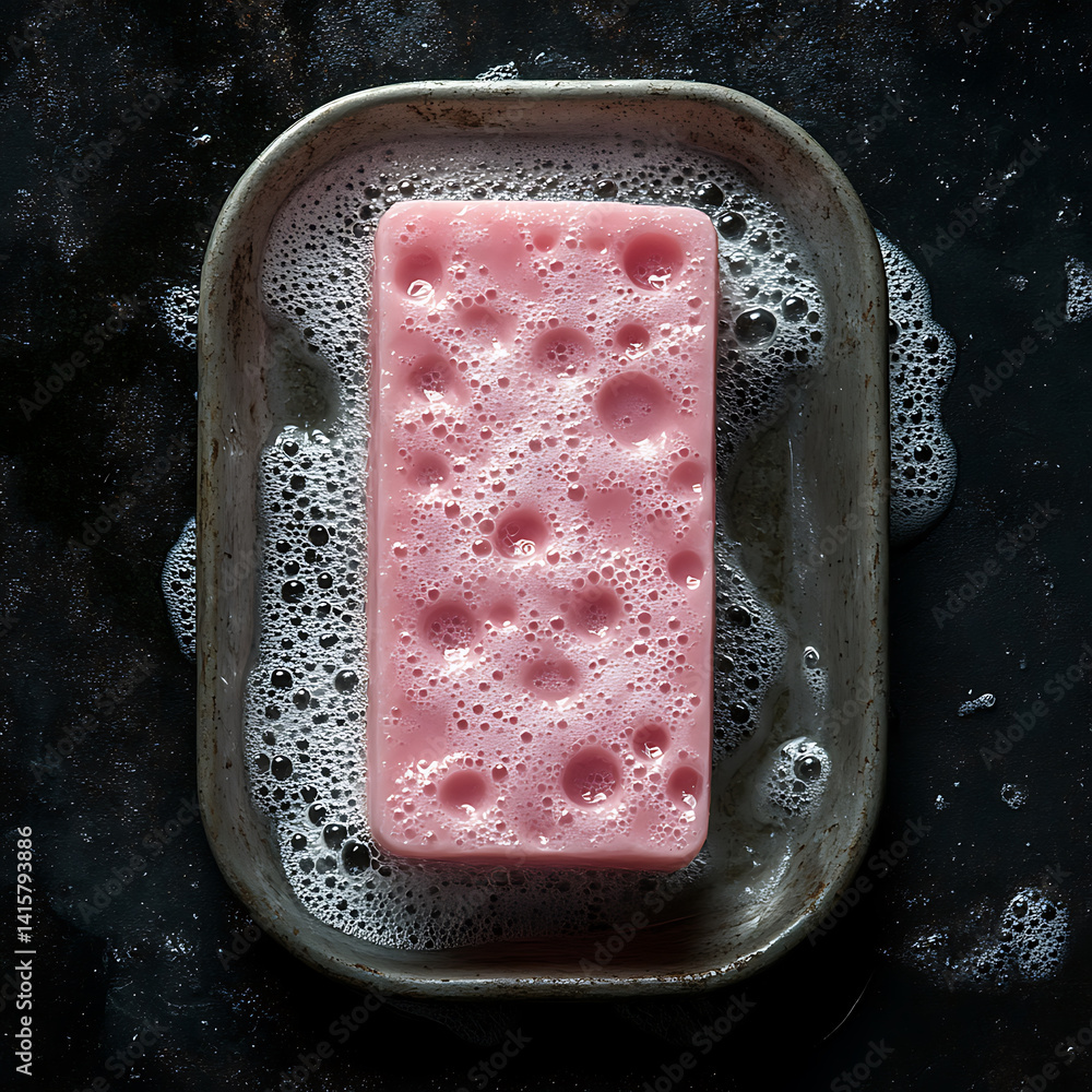 Poster pink bar of soap rests in shallow dish, surrounded by bubbles and foam, creating clean and refreshin