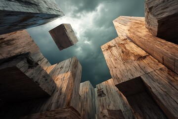 Obraz premium Abstract wooden blocks reaching for the dramatic, cloudy sky create a unique, textured composition.