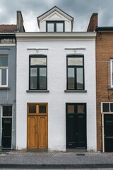 Modern architecture contrasts with traditional buildings in an urban setting showcasing a stylish white facade with wooden and black doors, under a cloudy sky