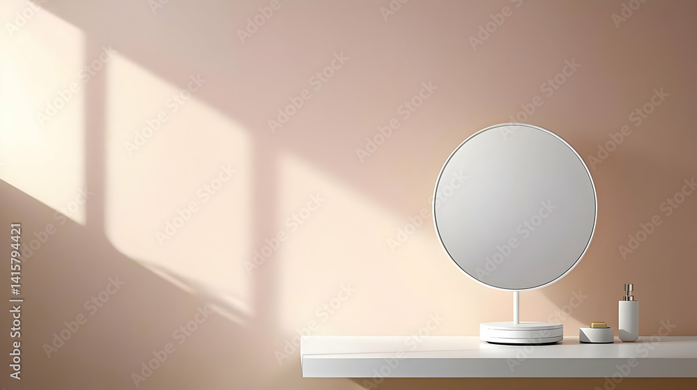 Poster modern minimalist vanity table with round mirror and soft light