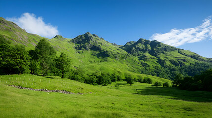 Naklejka premium Green Mountain Landscape Under Sunny Blue Sky