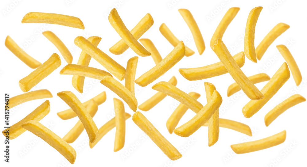 Poster a scattered assortment of golden french fries against a stark black background creating a simple pat