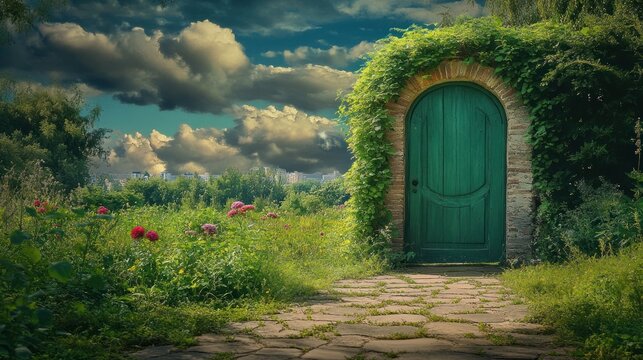 A weathered green door opens to a beautiful sunny garden path
