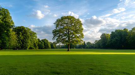 Fototapeta premium Green Field With A Single Tree Under Sunny Sky