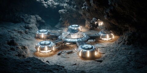 A futuristic research station is embedded within the rugged terrain of a cavern, lit to show detail and convey the isolation of this location.