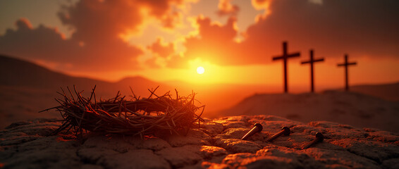 Crucifixion sunset with thorn crown and nails in foreground
