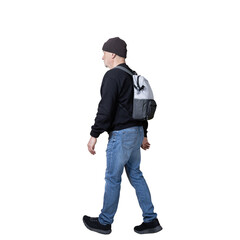 a man with a backpack on his shoulders walking 