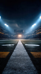 Empty football field at night, illuminated by stadium lights
