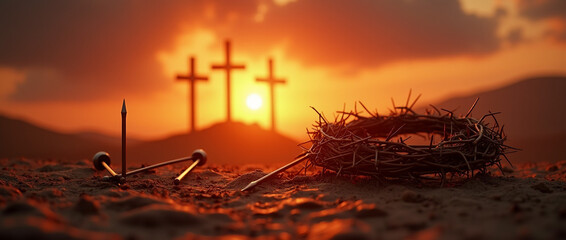Dramatic crucifixion scene at sunset with twisted crown
