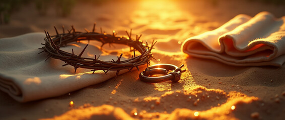 Spiritual still life with crown of thorns and broken chains