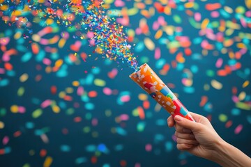 Hand holding a party popper emoji, symbolizing celebration and excitement