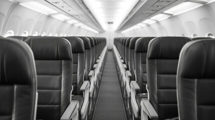 Black leather airplane seats arranged with wide spacing, representing COVID 19 travel precautions and reduced passenger capacity