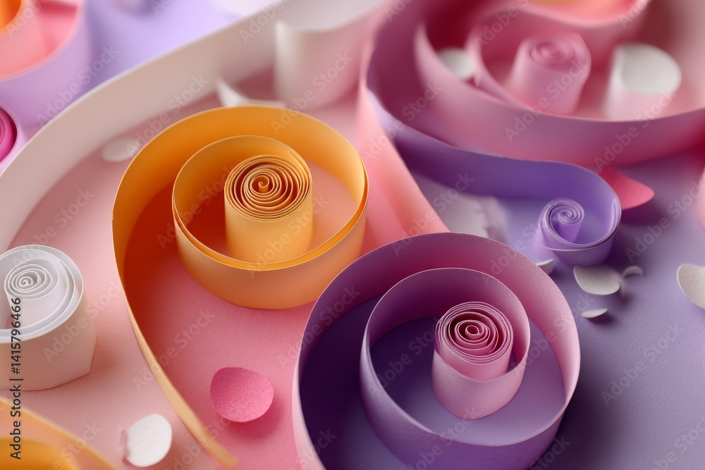 Aufkleber quilling paper, an art hobby, involves creating floral curls and rolls from colored strips of paper 