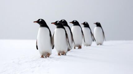 Obraz premium Five gentoo penguins waddling in a line across the pristine snow of Booth Island, Antarctica, create a charming wildlife scene