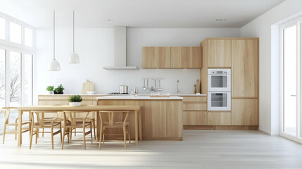 Bright Modern Kitchen With Wooden Cabinets And Dining Area