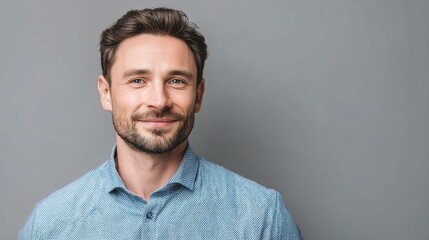 Fototapeta premium Smiling Businessman in Blue Shirt Standing Against Gray Background