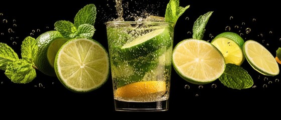 Refreshing Lime and Mint Splash in Sparkling Water with Bubbles on Black Background