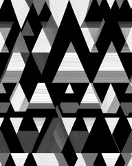 Abstract geometric pattern of triangles in black, white, and gray, creating a modern and visually dynamic design.