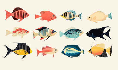 Fototapeta premium Discover the diversity of saltwater fish species through illustrations of colorful marine life. Illustration, Minimalism,