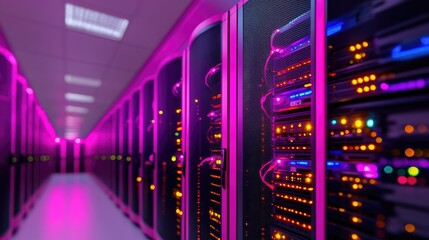 Futuristic Data Center With Vibrant Neon Lighting in Server Room
