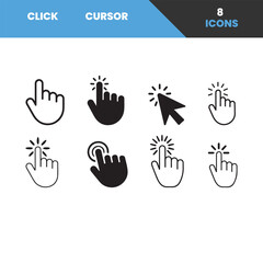 Fototapeta premium Vector Set of Click and Cursor Icons in Black and White.This image features eight simple, easily editable click and cursor icons.