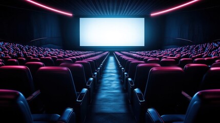 Empty cinema auditorium with illuminated white screen and red seats awaiting audience