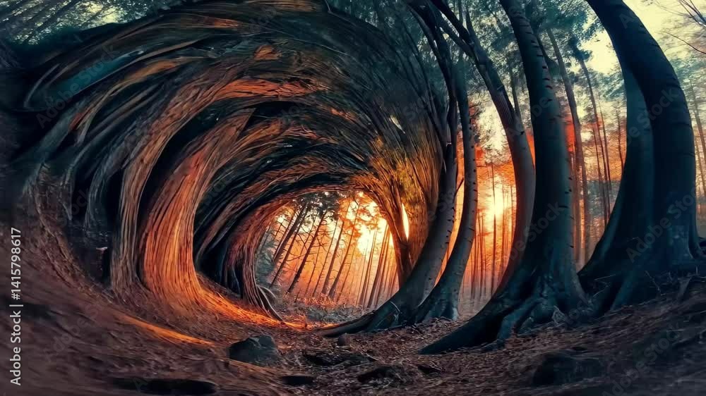 Poster low angle view of mesmerizing trees creating a magical atmosphere in a forest at sunset, amazing tre