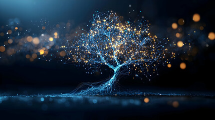 Abstract Glowing Digital Tree Design With Bokeh Lights