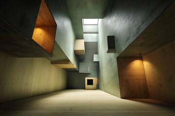 Obraz premium A minimalist interior design with concrete walls and wooden panels, featuring geometric shapes and natural light illuminating a spacious hallway