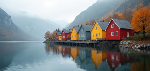 Fototapeta premium Colorful wooden houses line the lake shore. Scandinavian architecture with red yellow and gray houses reflects in calm water. Scenic landscape with mountains. Travel tour, vacation background.