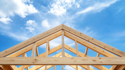 Obraz premium Wooden roof framing of a new home against a blue sky with clouds, representing construction, carpentry, and housing development