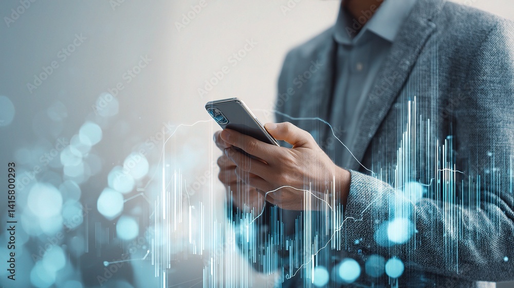 Poster executive using smartphone surrounded by digital elements and graphs