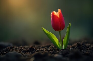 Obraz premium Fresh tulip bud emerging from dark soil, with green leaves barely unfolded. Generative AI