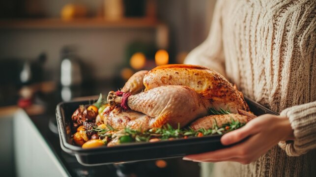 Close-up of woman's hands in sweater holding baking sheet with raw turkey before cooking it for dinner.