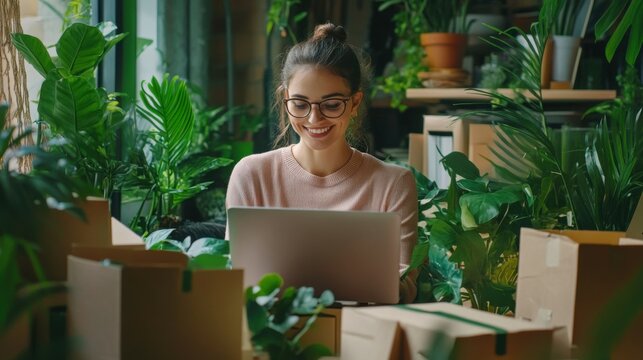 Smiling adult woman in glasses sitting in a room with many green houseplants and shopping online using a laptop surrounded by many boxes and parcels. Black Friday shopping. Cyber Monday shopping - Powered by Adobe