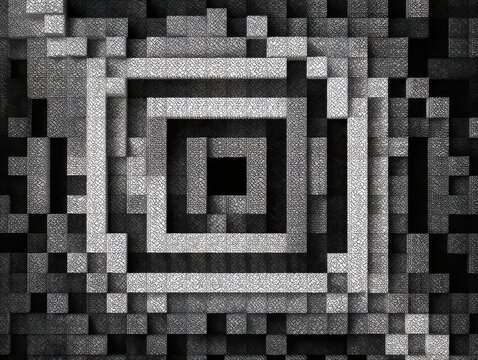 Monochrome square pattern constructed from blocks creates a striking visual illusion with a textured, abstract design.