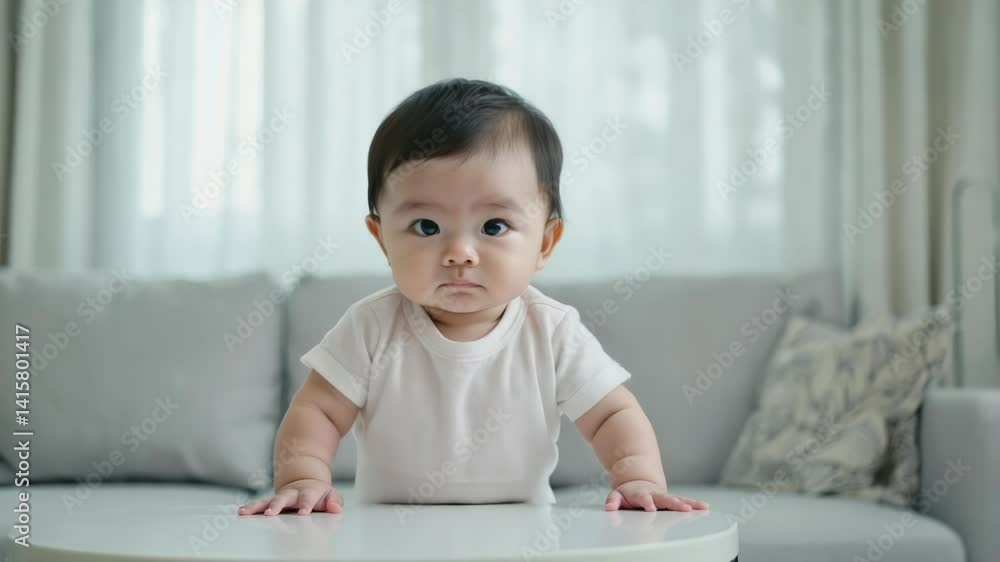 Poster a baby sits at a table next to a comfortable-looking couch, possibly having a snack or playing with 
