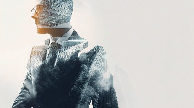 Abstract Double Exposure of Businessman with Skyscraper Design